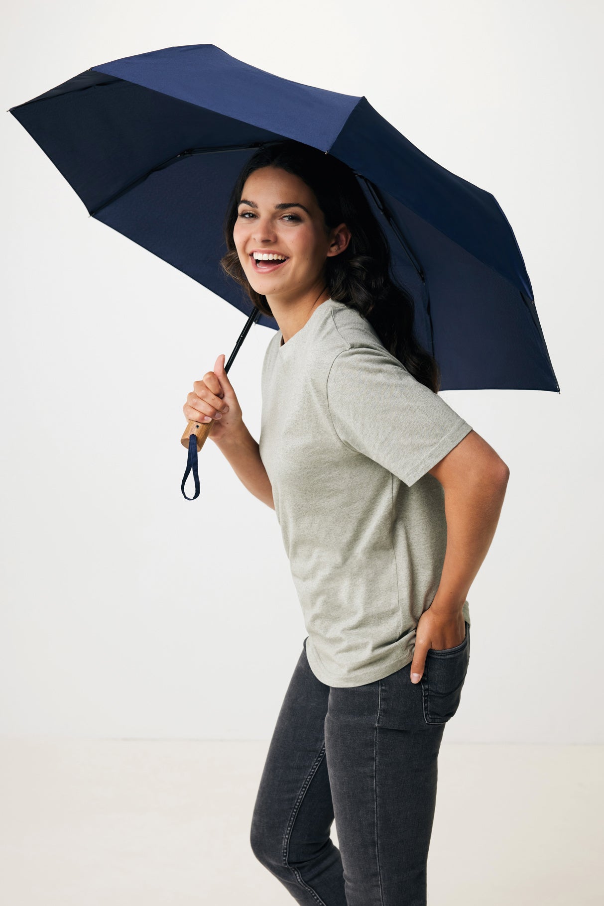 Recycled Polyester and Acacia Mini Auto Open Umbrella - Kaycey 21" AWARE™ - illuminated