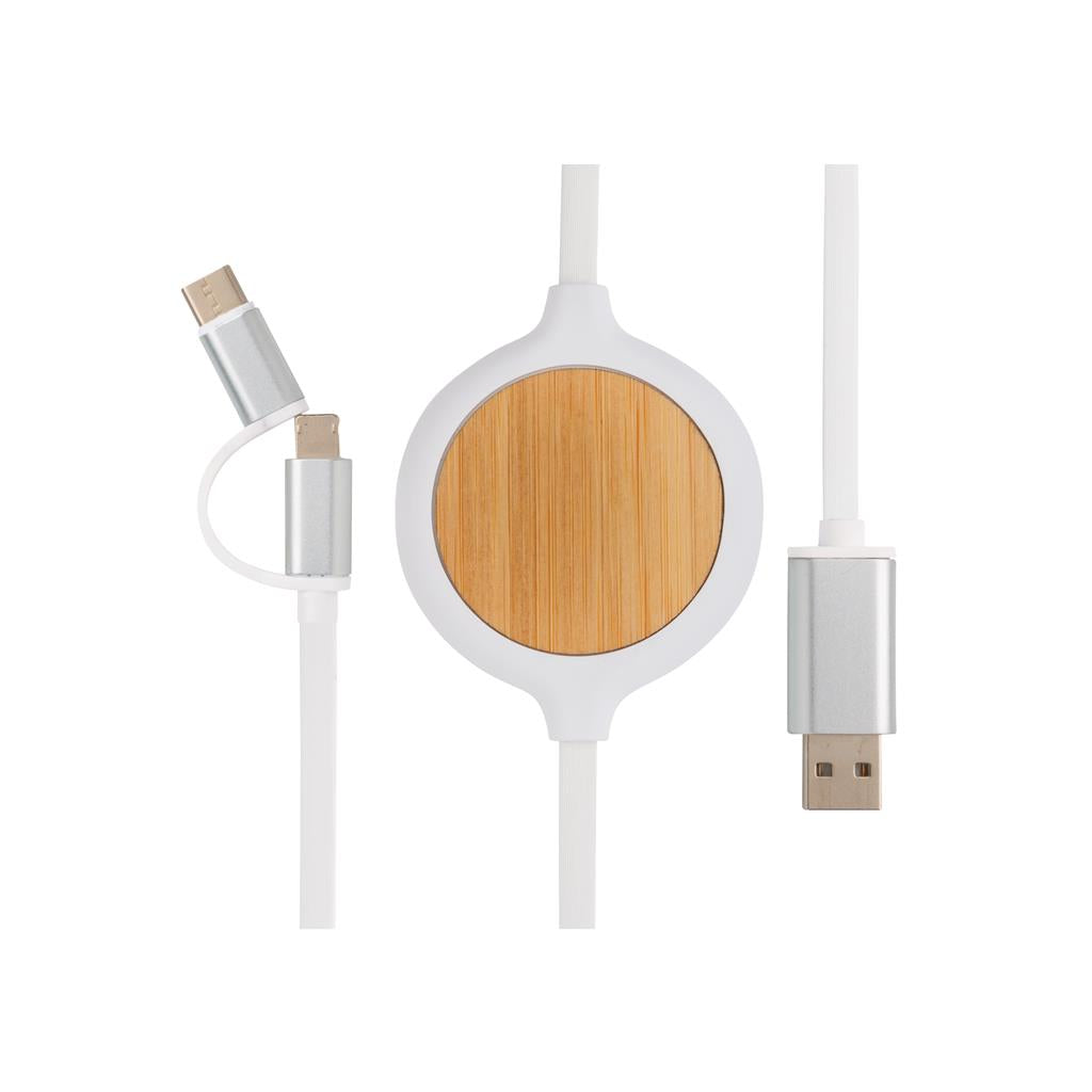 3-in-1 cable with 5W bamboo wireless charger - illuminated