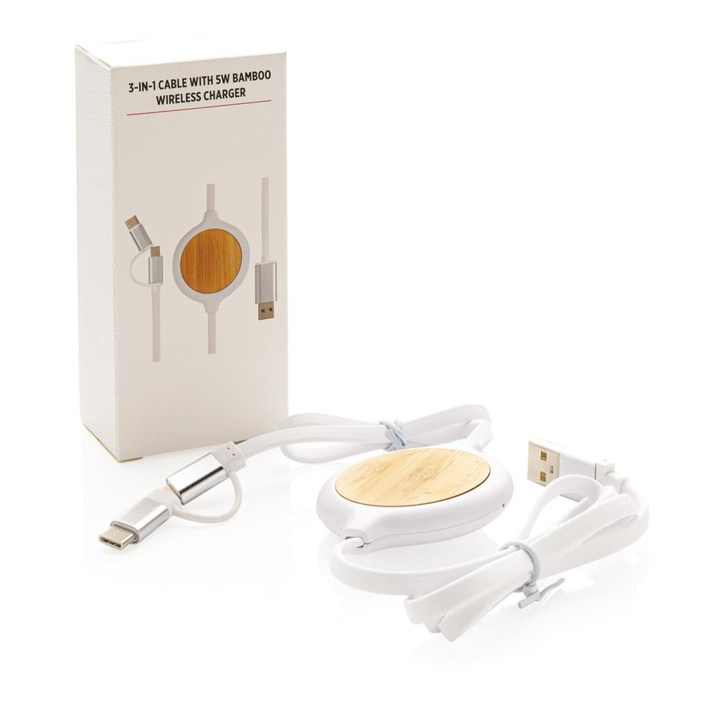 3-in-1 cable with 5W bamboo wireless charger - illuminated