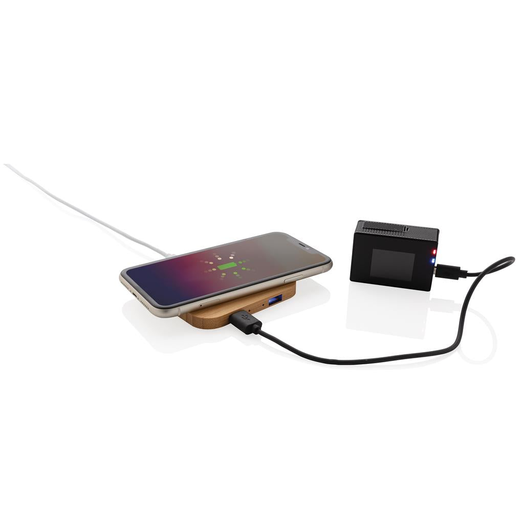 Bamboo 10W wireless charger with USB - illuminated