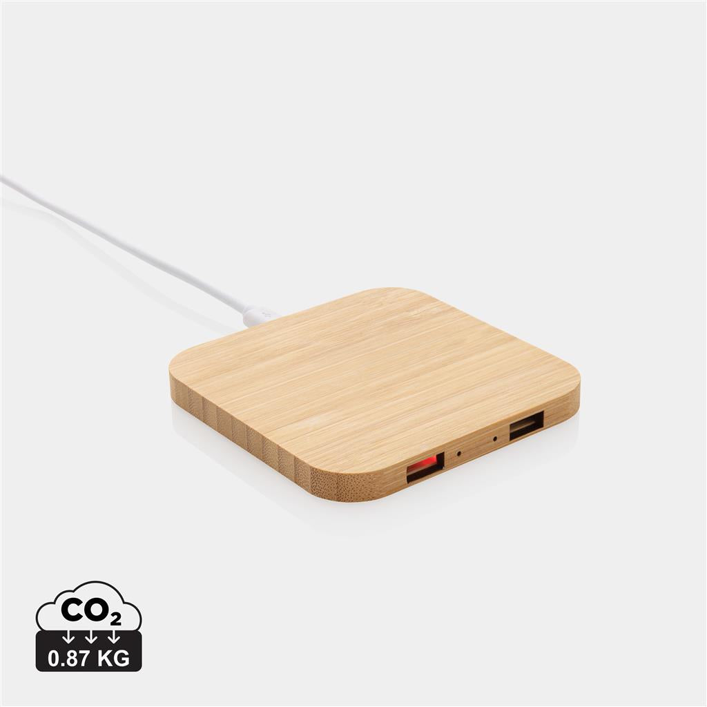 Bamboo 10W wireless charger with USB - illuminated