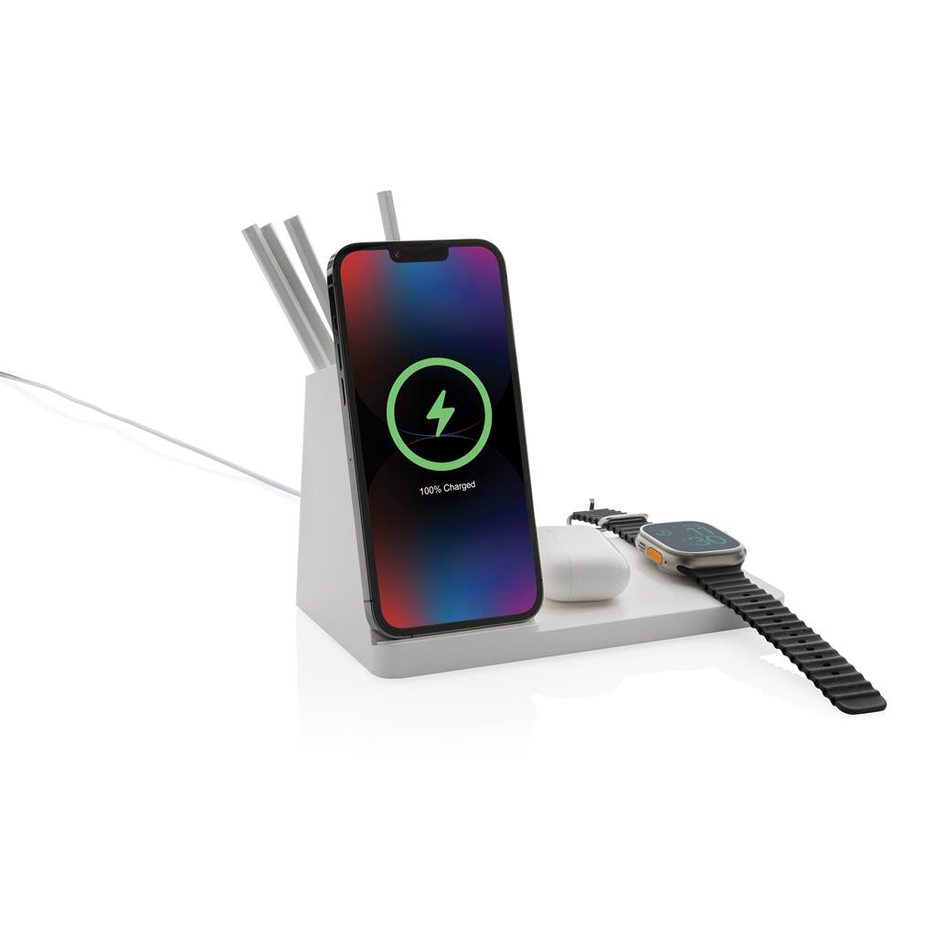 Ontario recycled plastic & bamboo 3-in-1 wireless charger - illuminated