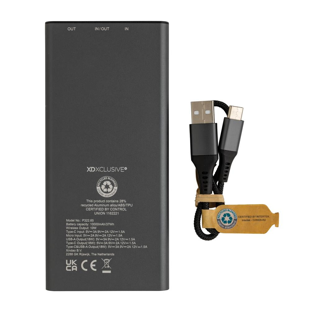 Terra RCS recycled 18W aluminium 10000 powerbank 10W - illuminated