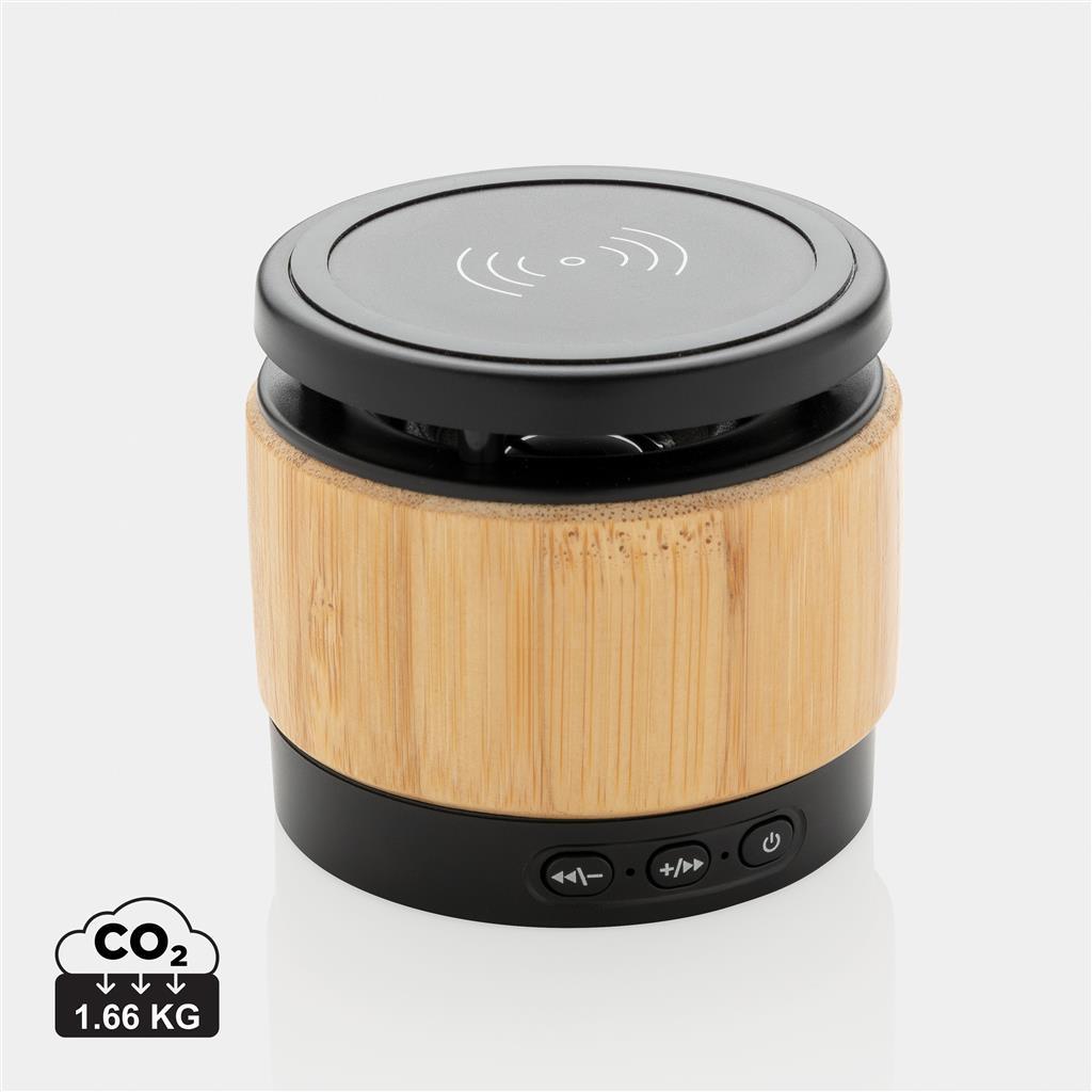 Bamboo wireless charger speaker - illuminated