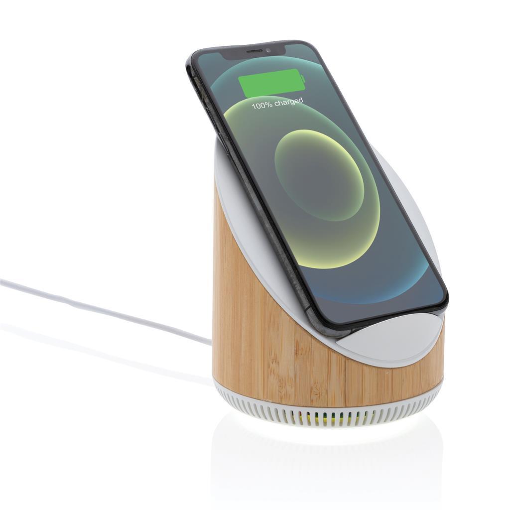 Ovate bamboo 5W speaker with 15W wireless charger - illuminated