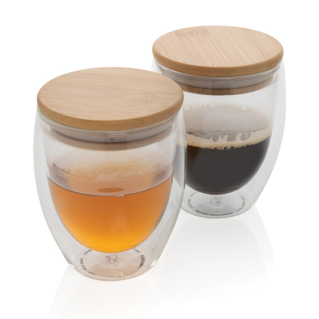 Double wall borosilicate glass with bamboo lid 250ml 2pc set - illuminated