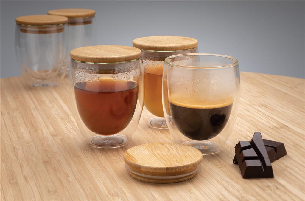 Double wall borosilicate glass with bamboo lid 250ml 2pc set - illuminated
