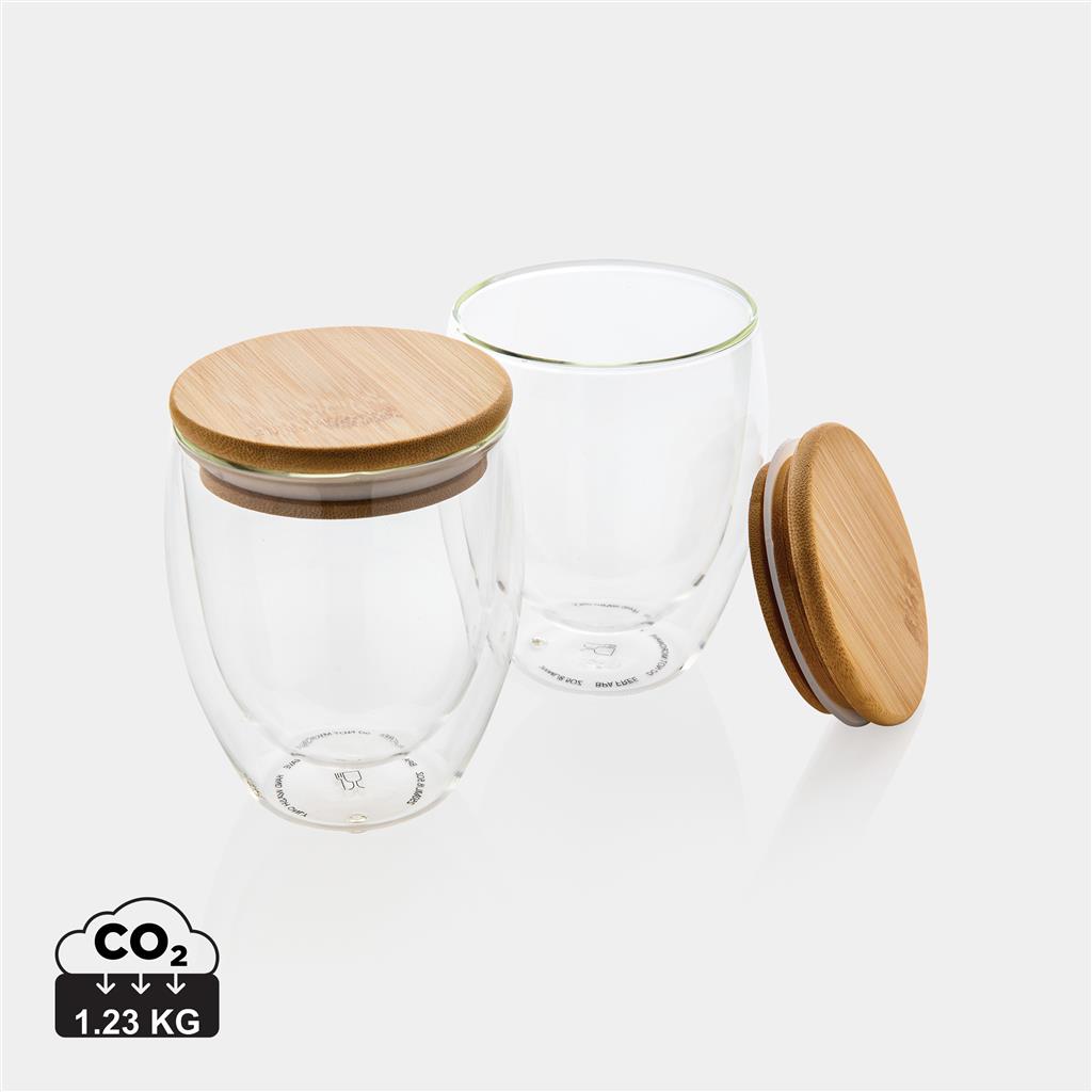Double wall borosilicate glass with bamboo lid 250ml 2pc set - illuminated