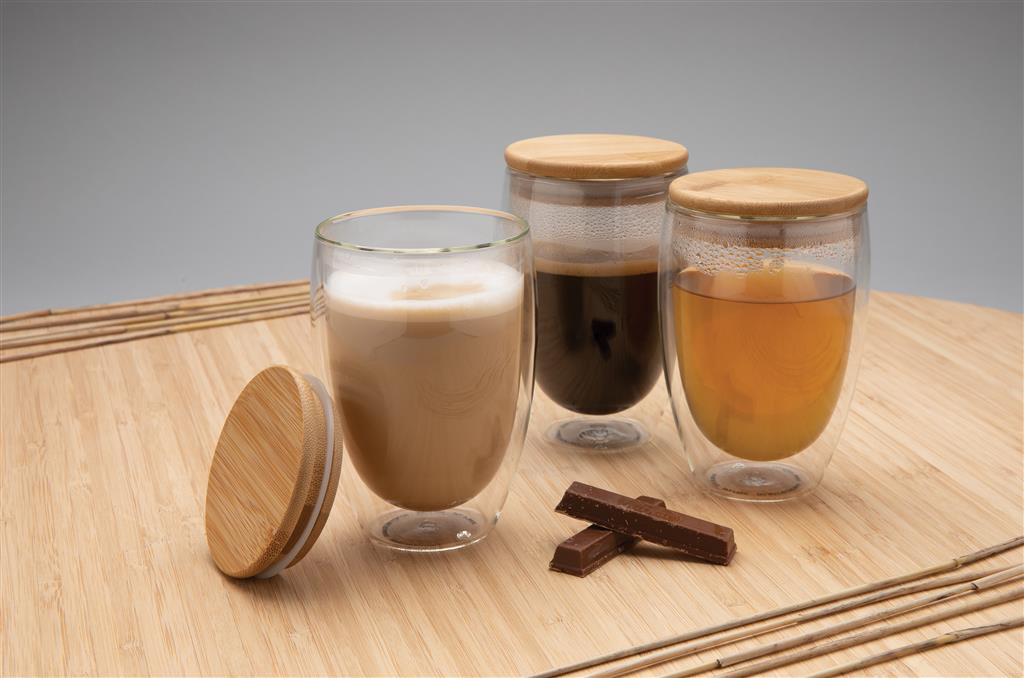 Double wall borosilicate glass with bamboo lid 350ml - illuminated