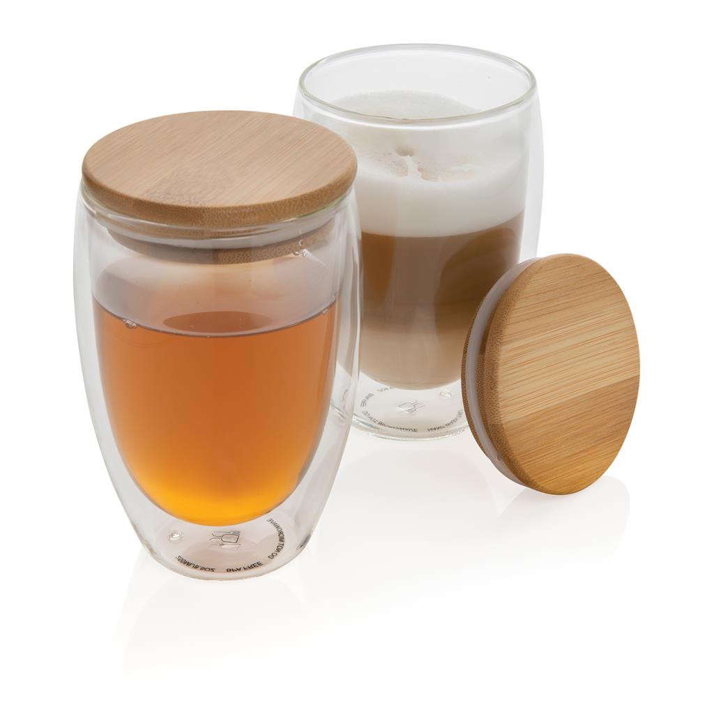 Double wall borosilicate glass with bamboo lid 350ml 2pc set - illuminated