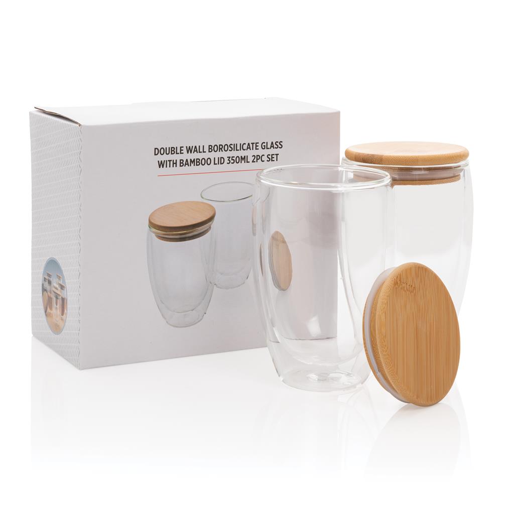 Double wall borosilicate glass with bamboo lid 350ml 2pc set - illuminated