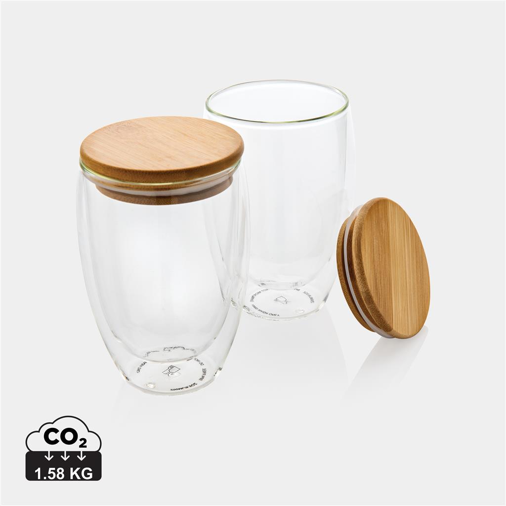 Double wall borosilicate glass with bamboo lid 350ml 2pc set - illuminated