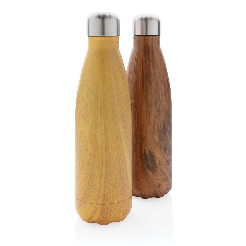 Vacuum insulated stainless steel bottle with wood print - illuminated