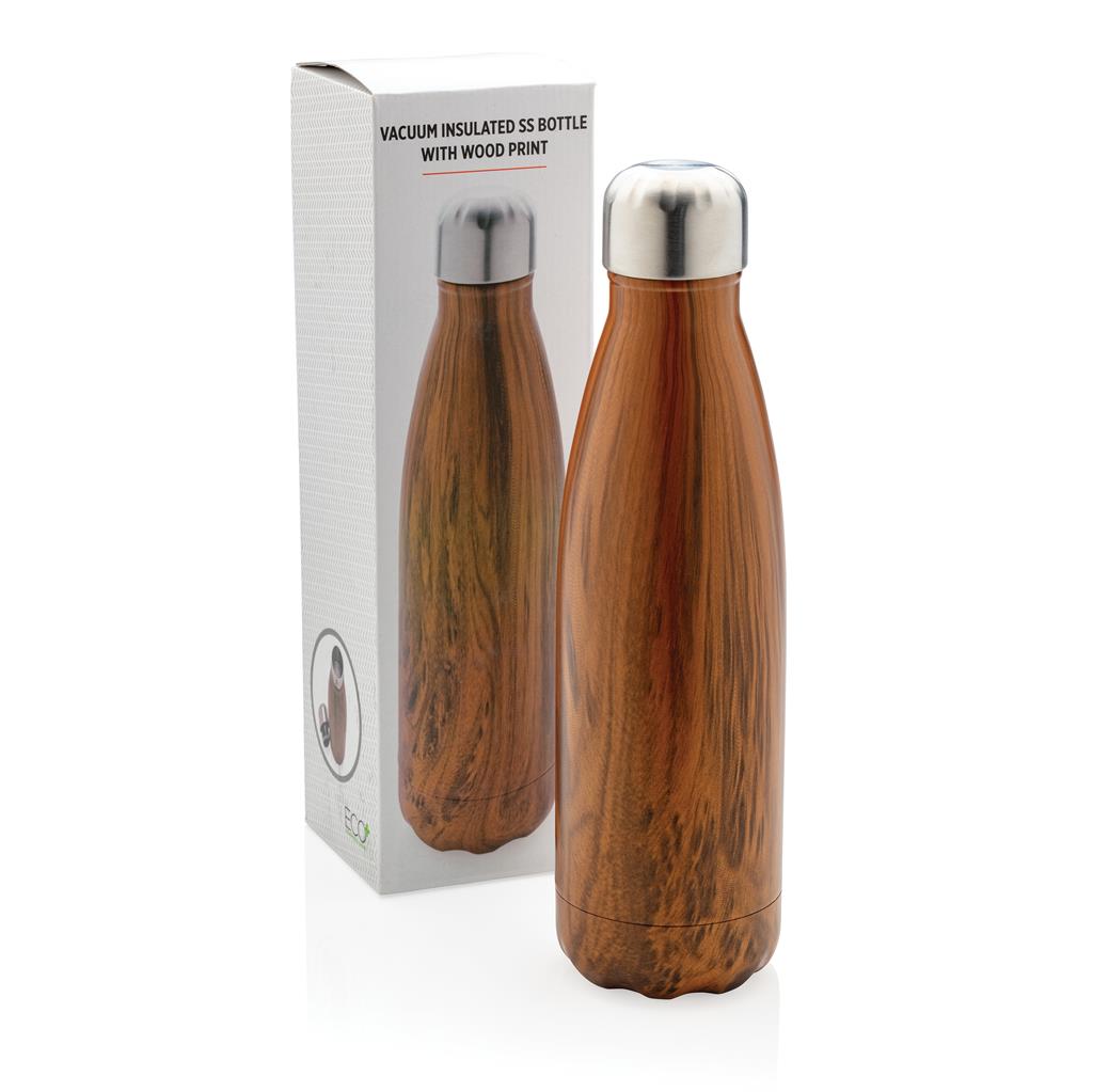 Vacuum insulated stainless steel bottle with wood print - illuminated