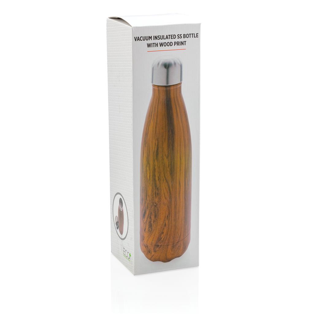 Vacuum insulated stainless steel bottle with wood print - illuminated
