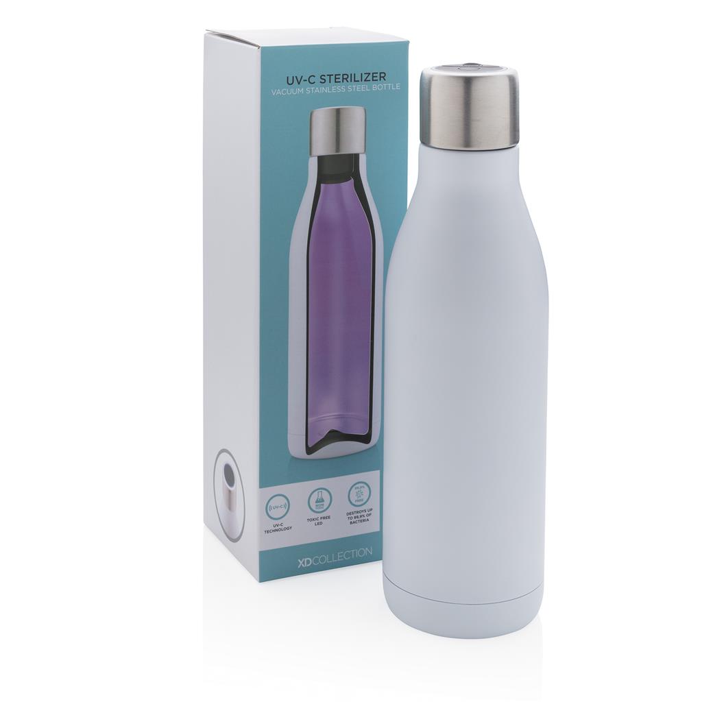 UV-C steriliser vacuum stainless steel bottle - illuminated