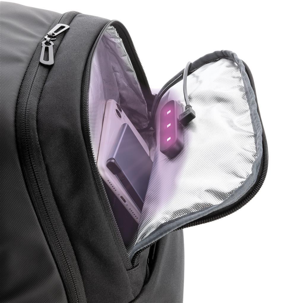 Swiss Peak laptop backpack with UV-C steriliser pocket - illuminated