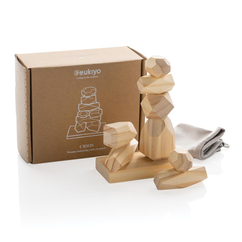 Ukiyo Crios wooden balancing rocks in pouch - illuminated