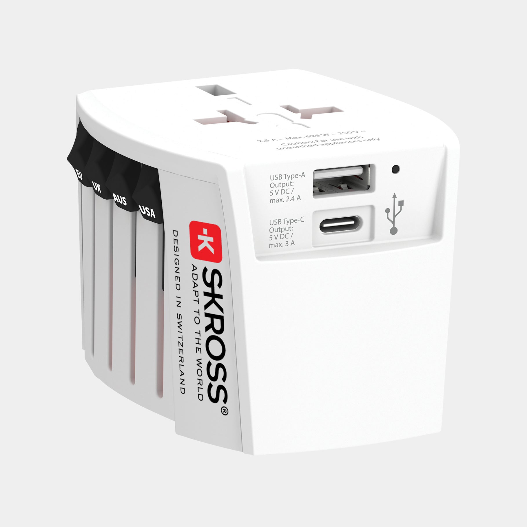 Corporate Branded World Travel Adapter Skross MUV2 - USB A and C - illuminated