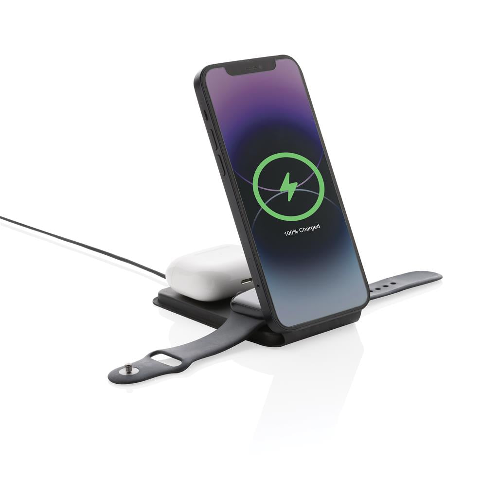 Swiss Peak RCS rPU 15W 3-in-1 magnetic wireless charger - illuminated