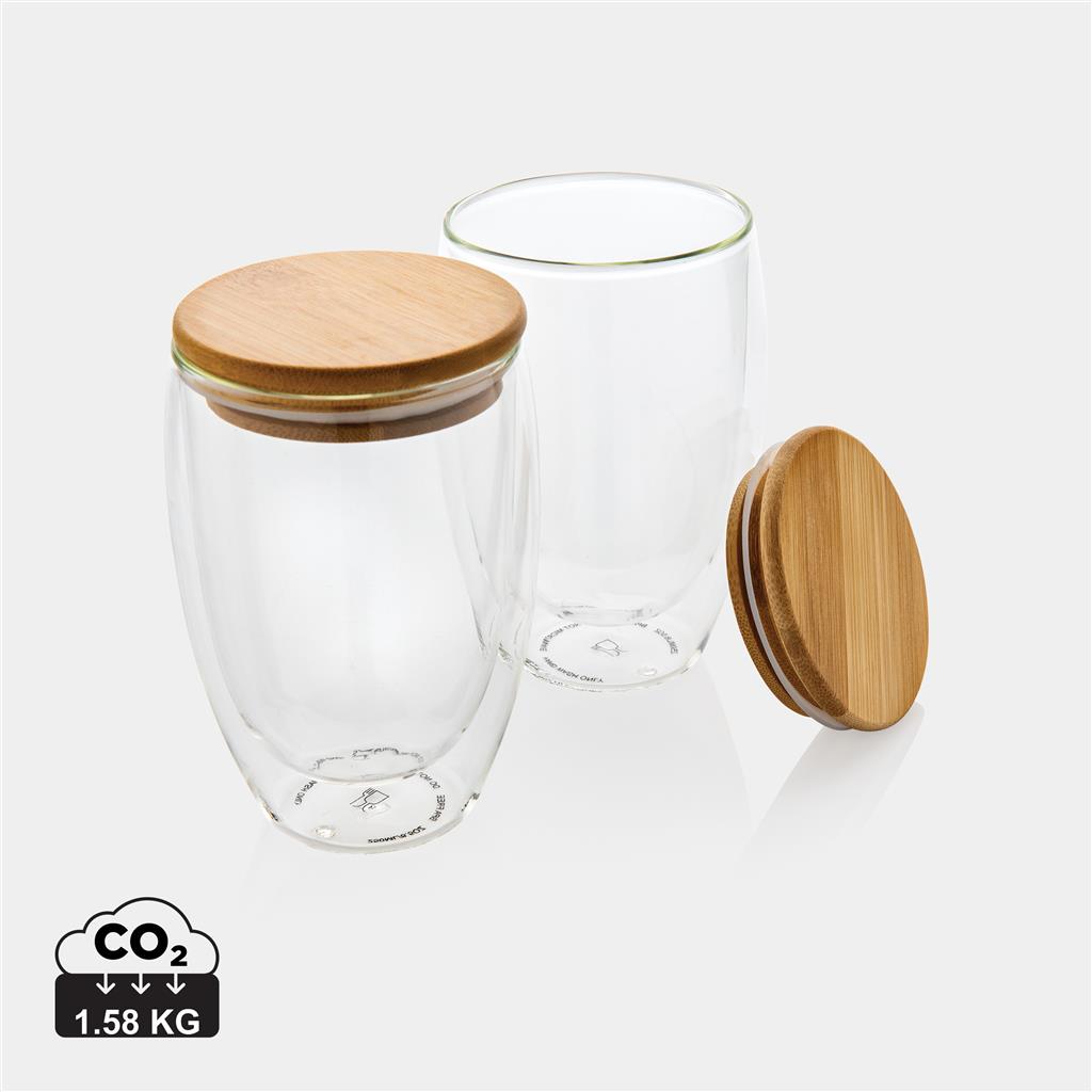 Double wall borosilicate glass with bamboo lid 350ml 2pc set