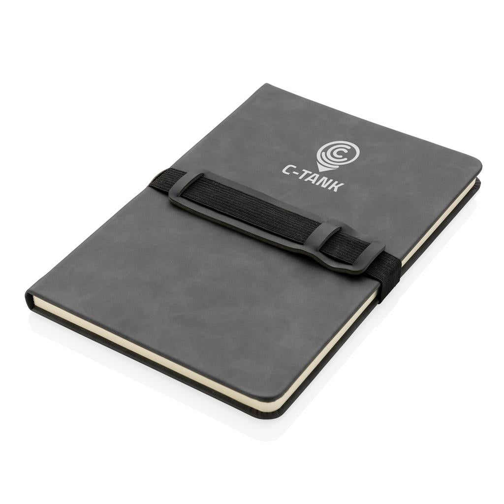 Deluxe hardcover PU notebook A5 with phone and pen holder - illuminated